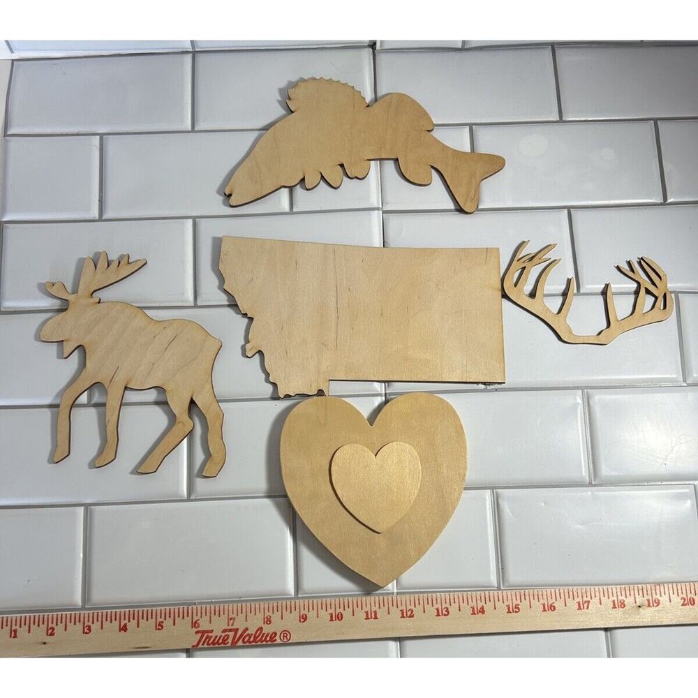 Lot of 5 Unfinished Wood Cut-Outs & Novelty Wood Pieces Moose Walleye Heart